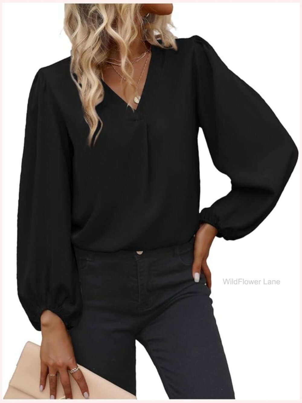 Long Sleeve Blouse V Neck Loose Fit Peasant Top Chiffon Tunic Dressy Work Office